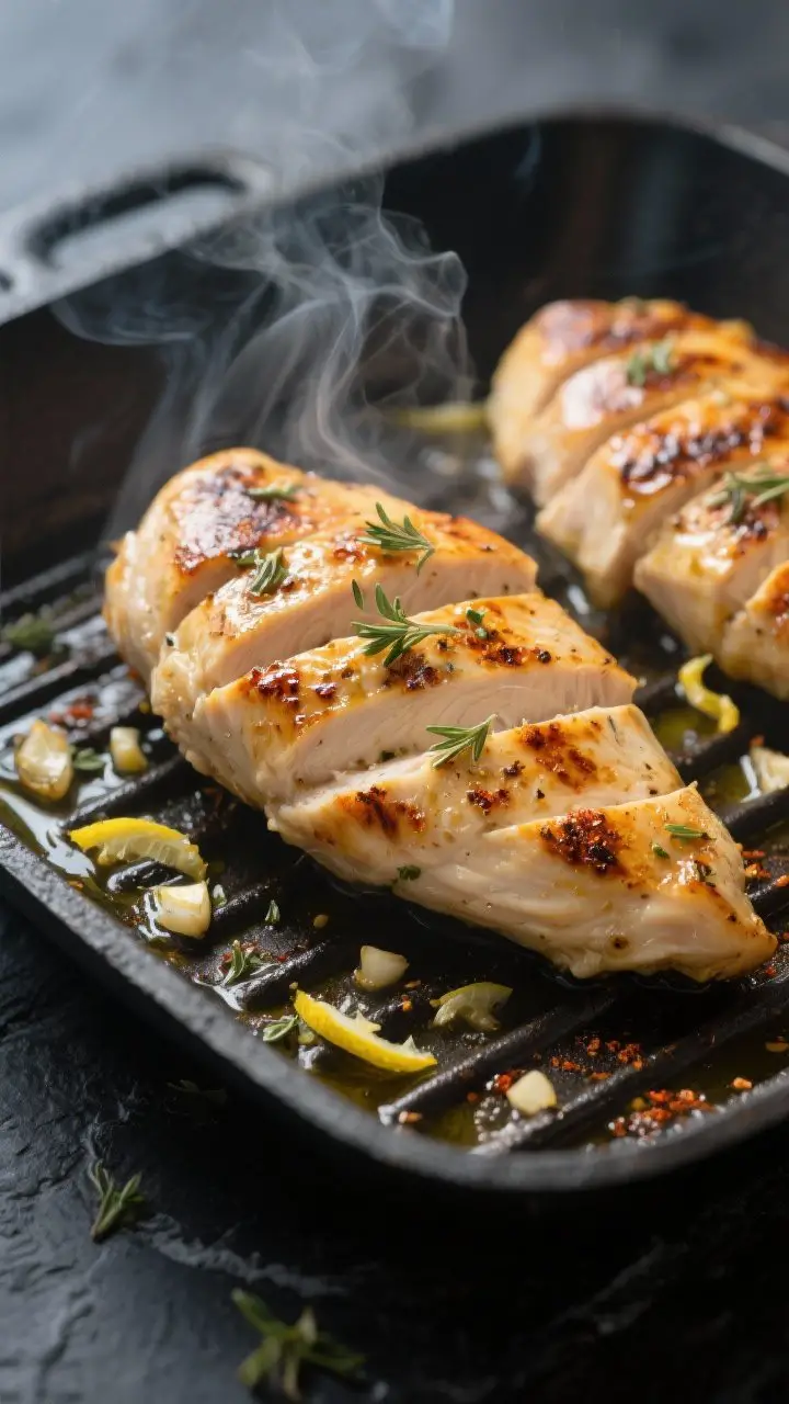 Cooking process, close-up: Sliced Greek-marinated chicken breasts sizzling on a hot grill pan, golde