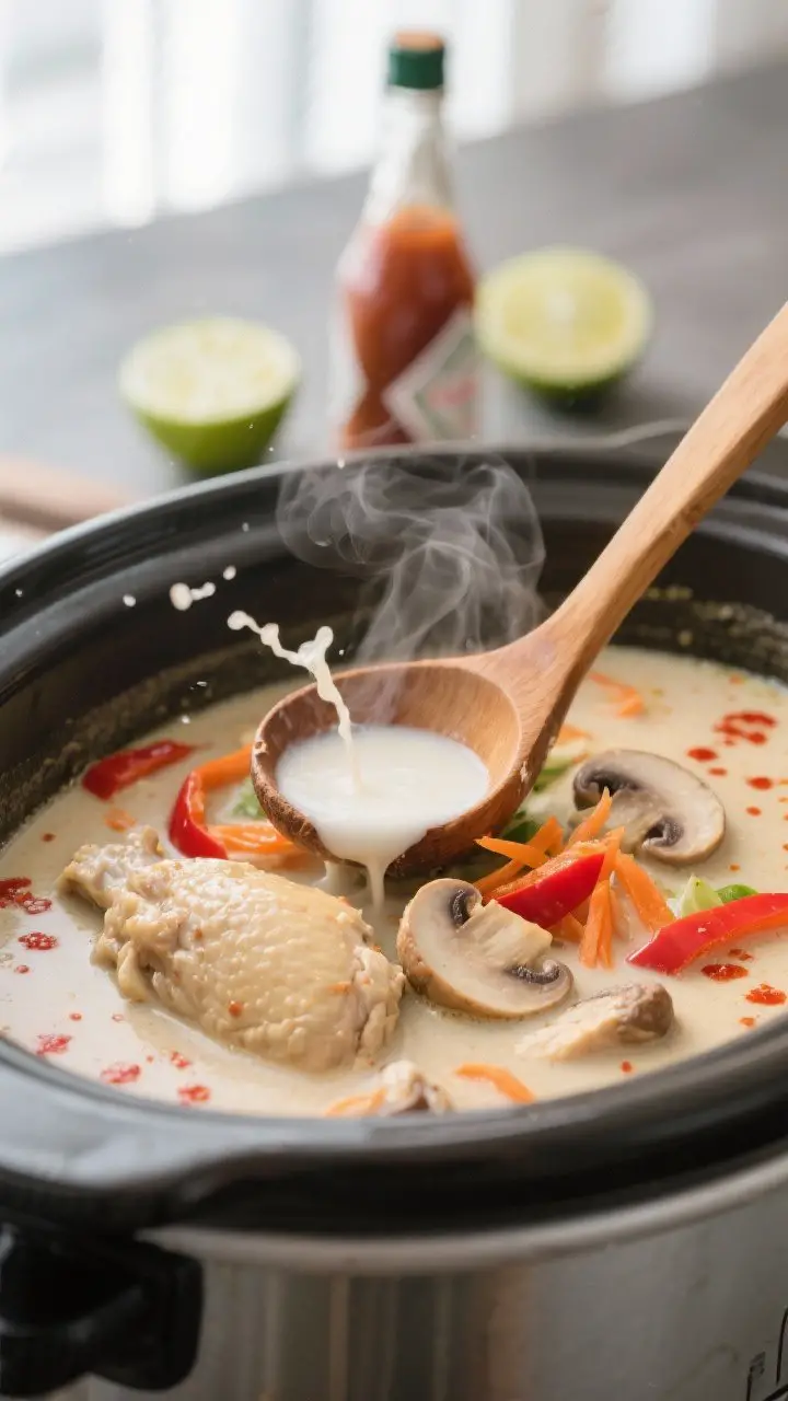 Cooking process close-up: Slow cooker filled with simmering Thai coconut curry soup just before fini