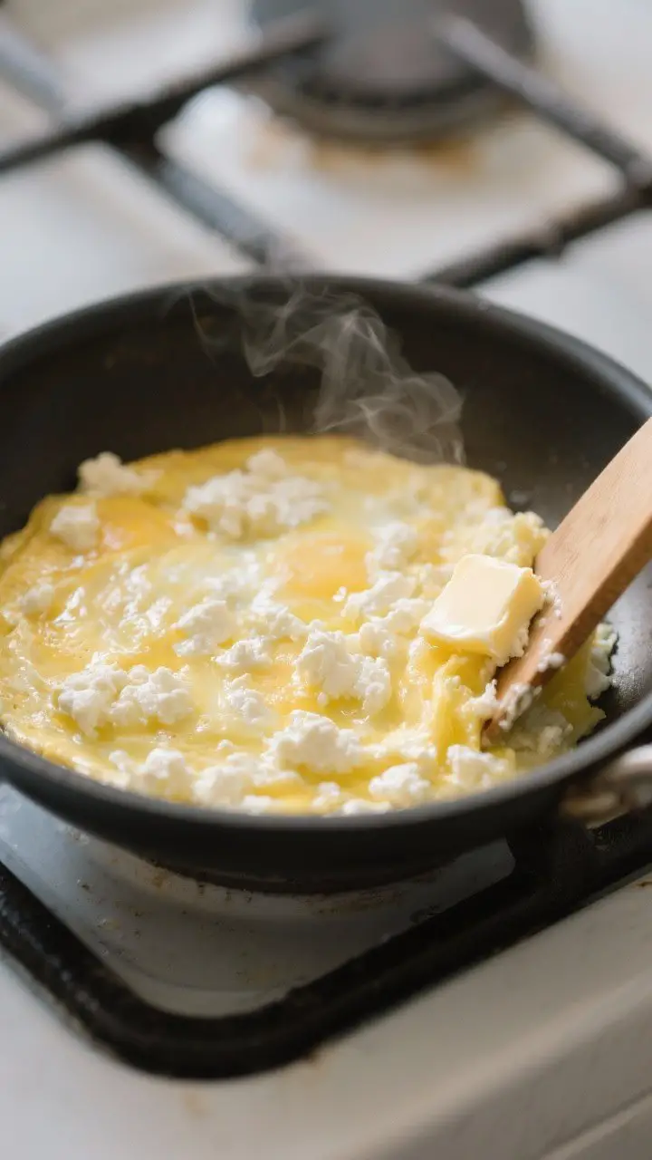 Cooking process close-up: Soft-scramble stage of a cottage cheese omelette in an 8-inch nonstick ski