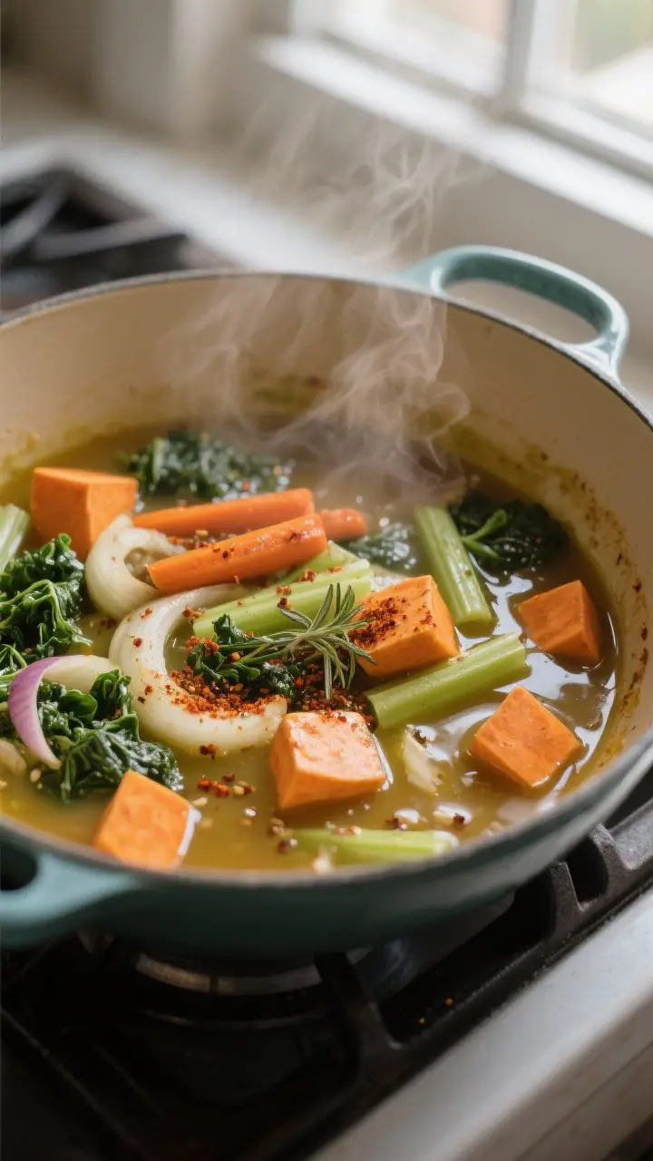 Cooking process, close-up: Sweet Potato and Kale Soup mid-cook in a Dutch oven, onions, carrots, and