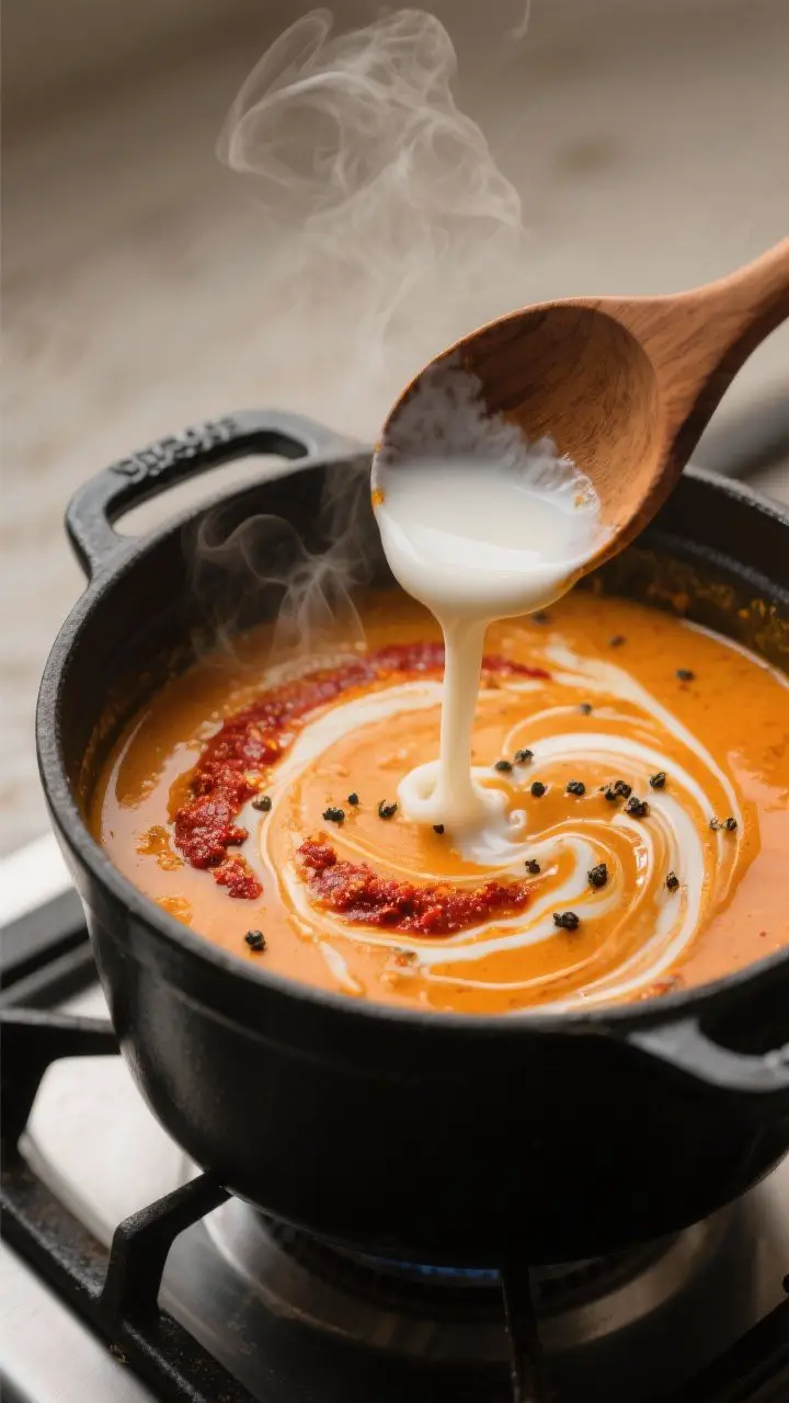 Cooking process close-up: Thai pumpkin soup base simmering in a matte black Dutch oven—silky orang
