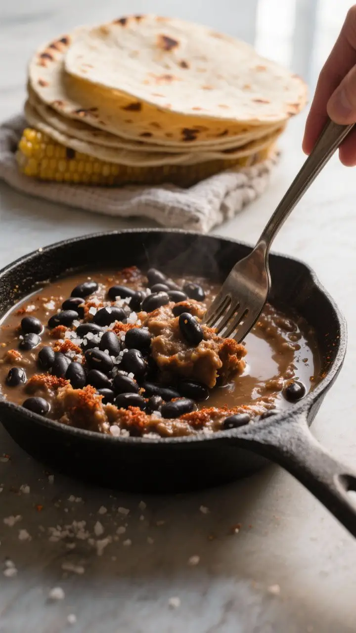 Cooking process: Creamy black beans in a small skillet being lightly mashed with a fork—bean skins