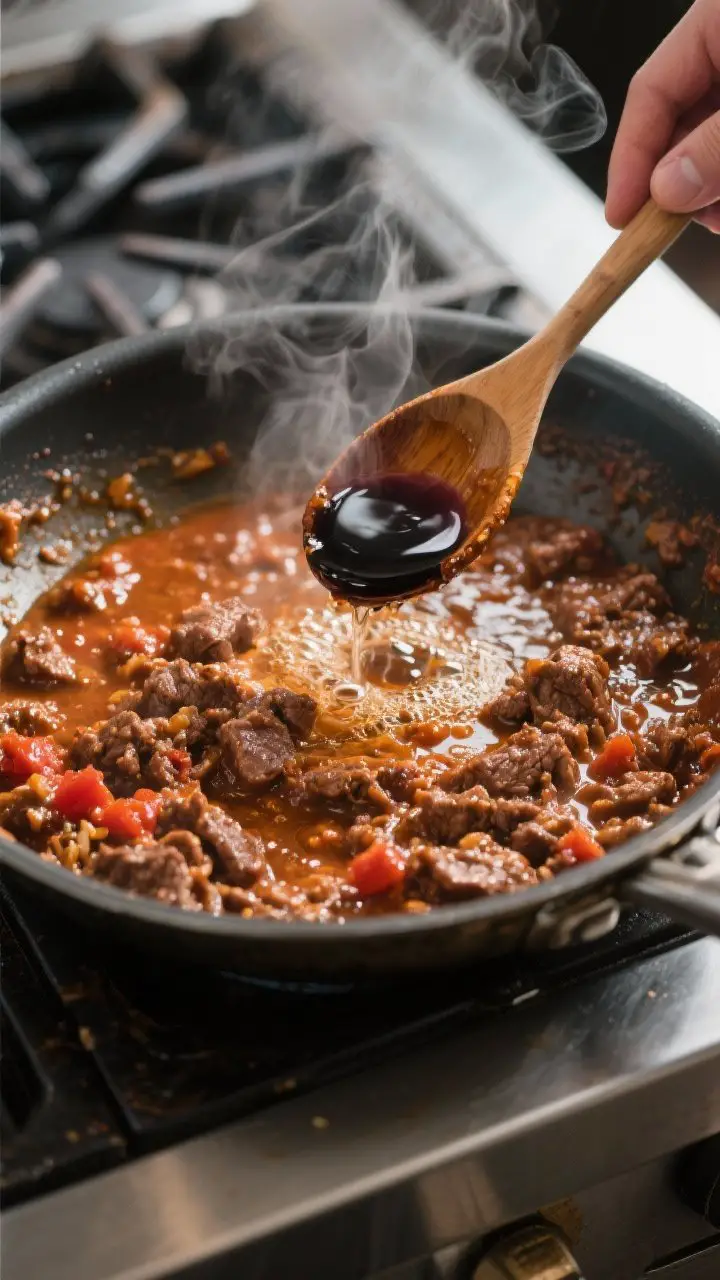 Cooking process: Deglazing moment captured from a 45-degree angle—browned ragù base after meat an