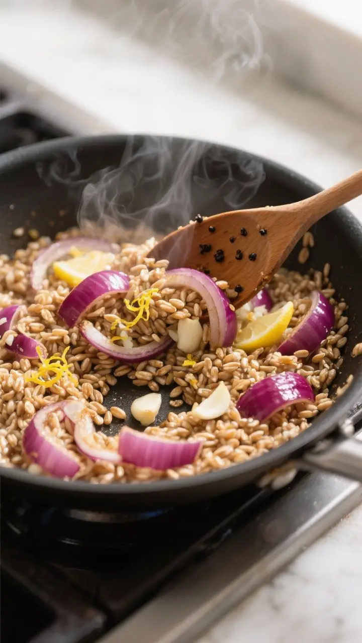 Cooking process: Farro being tossed in a skillet with sautéed red onion, minced garlic, and lemon z