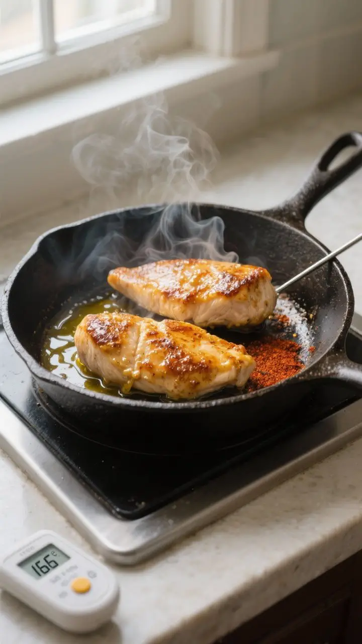 Cooking process: Honey mustard chicken breasts searing in a cast-iron skillet, mid-flip with visible