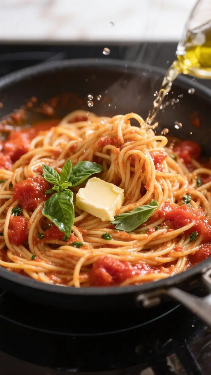 Cooking process, in-pan pasta toss: Spaghetti al pomodoro being married with the sauce in the pan—
