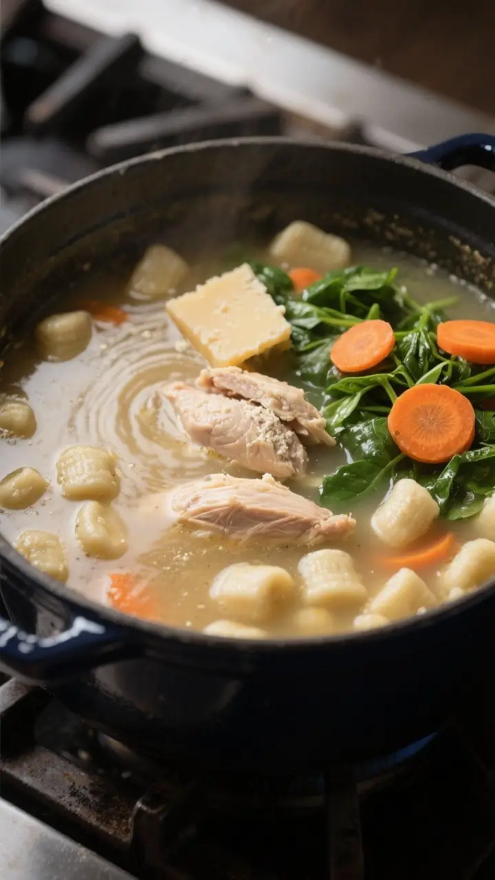 Cooking process: In-pot simmer scene of the soup right after the flour-and-broth base has thickened 
