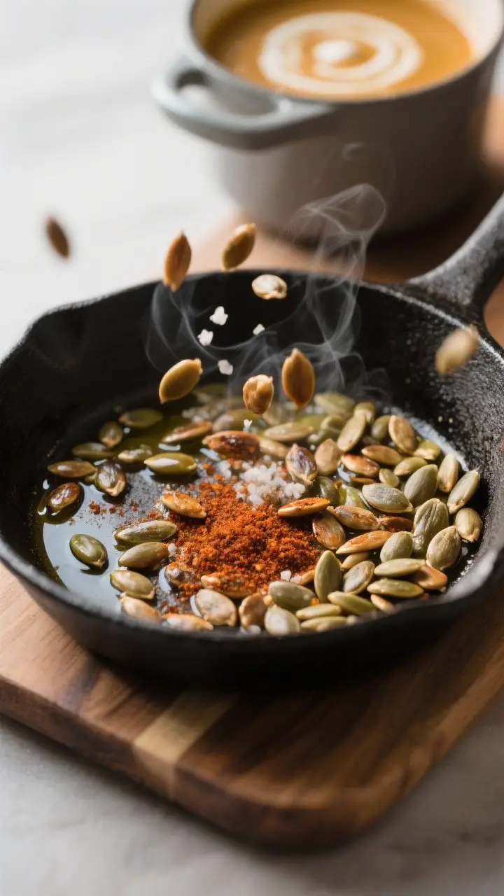 Cooking process moment: pepitas toasting in a small black skillet, puffed and glossy with a thin she