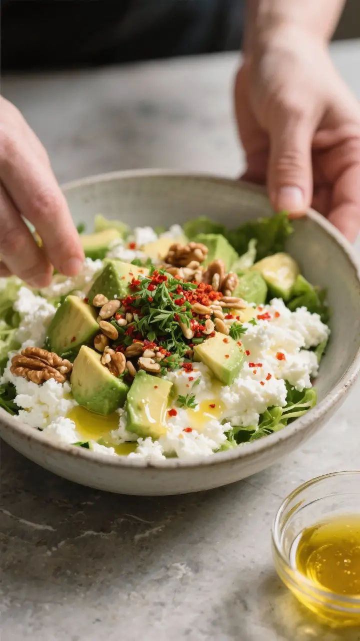 Cooking process moment: The salad being finished in the bowl—prepared cottage cheese already mixed