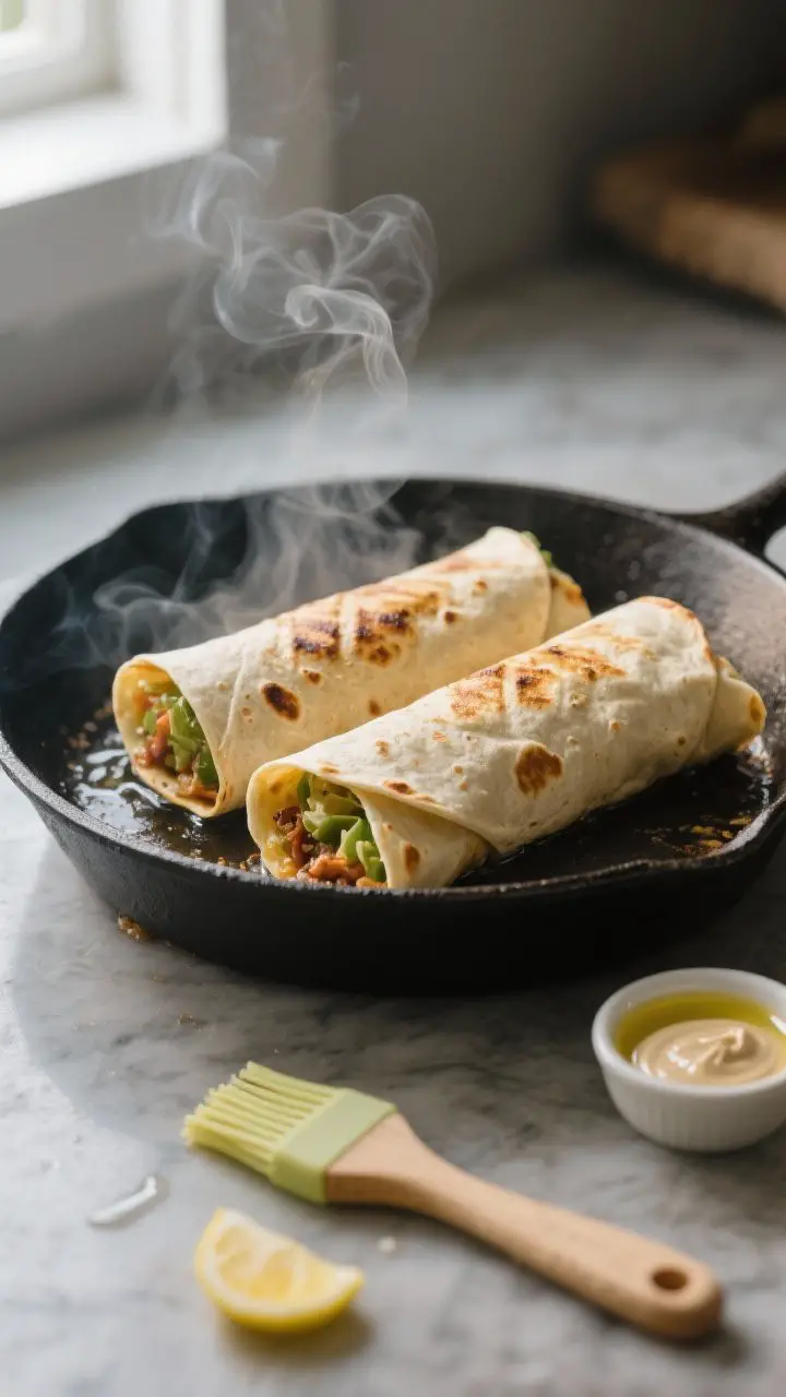 Cooking process: Optional sizzle step—two fully wrapped burrito-style wraps pan-searing seam-side