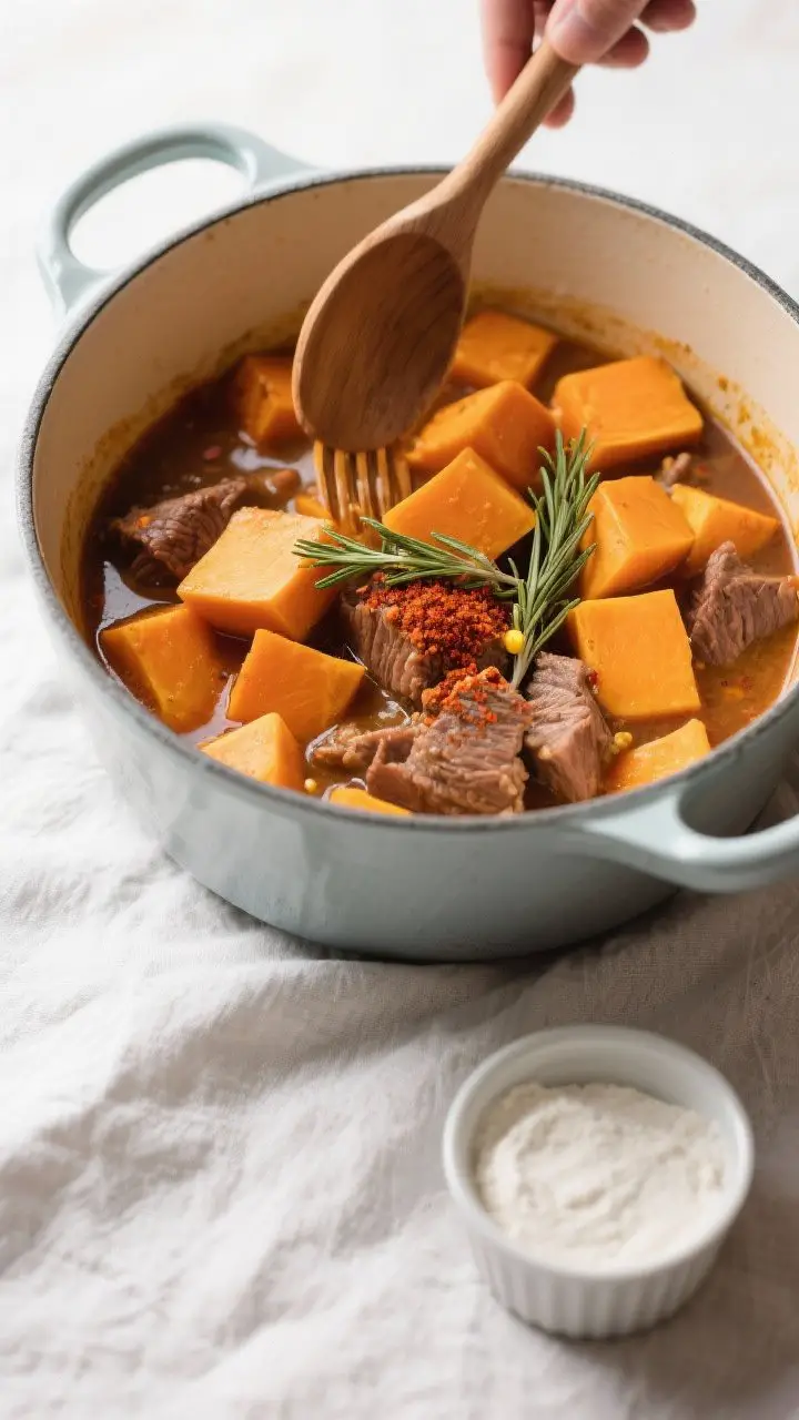 Cooking process overhead: Butternut squash just added to the stew in a wide, enamel cast-iron pot—