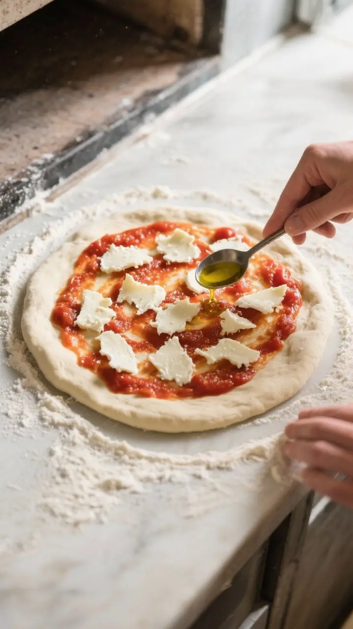 Cooking process: Overhead shot of a stretched 10–12 inch dough on a floured peel being assembled l