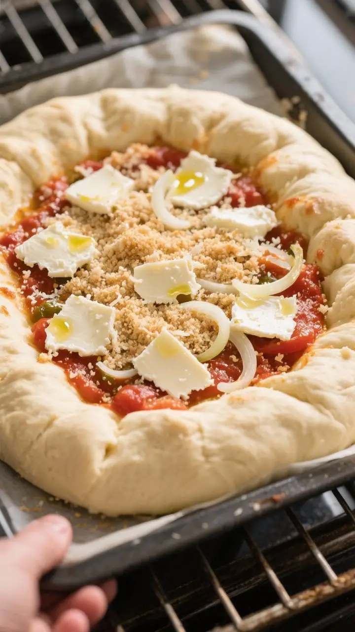 Cooking process: Overhead shot of assembled sfincione on the pan just before baking—low-moisture m