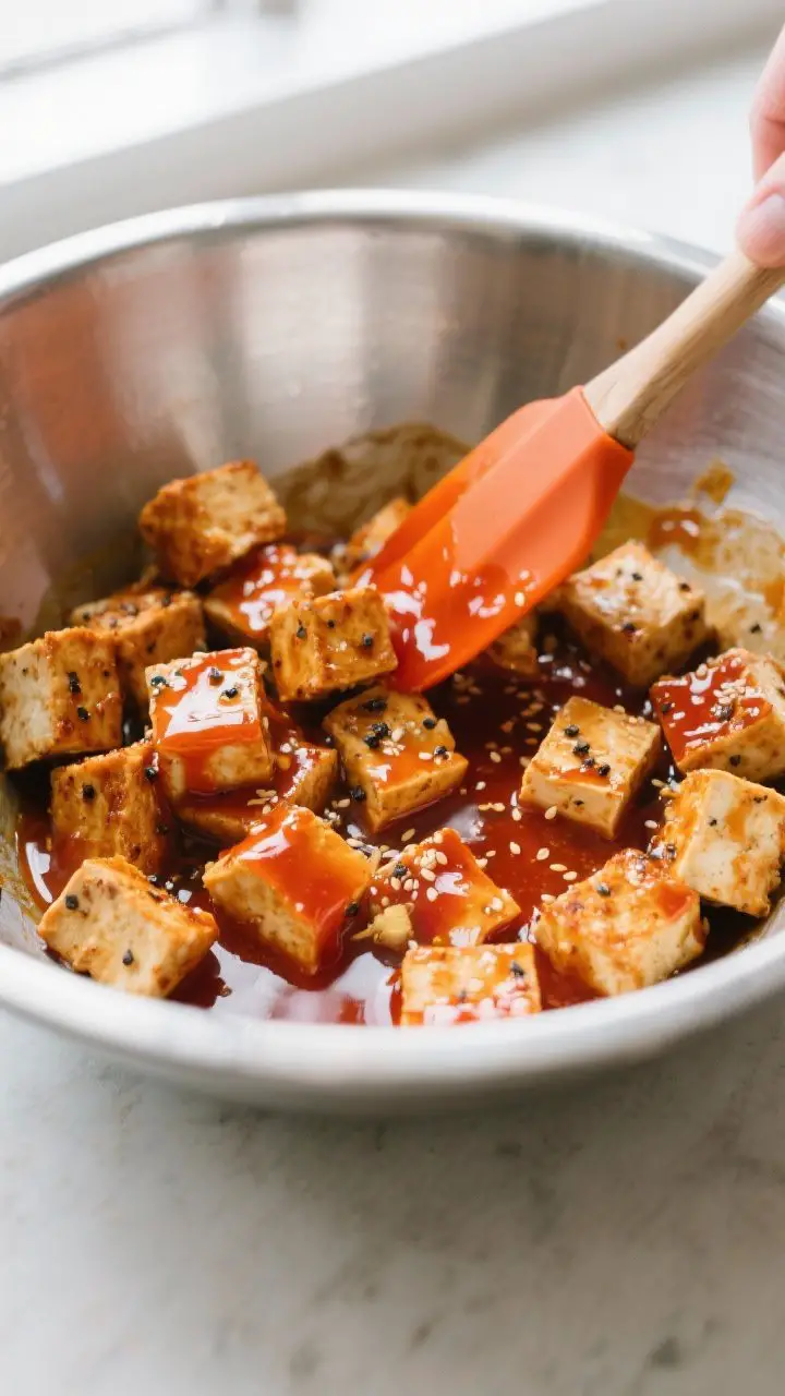 Cooking process: Overhead shot of baked tofu nuggets mid-toss in a stainless mixing bowl with the wa