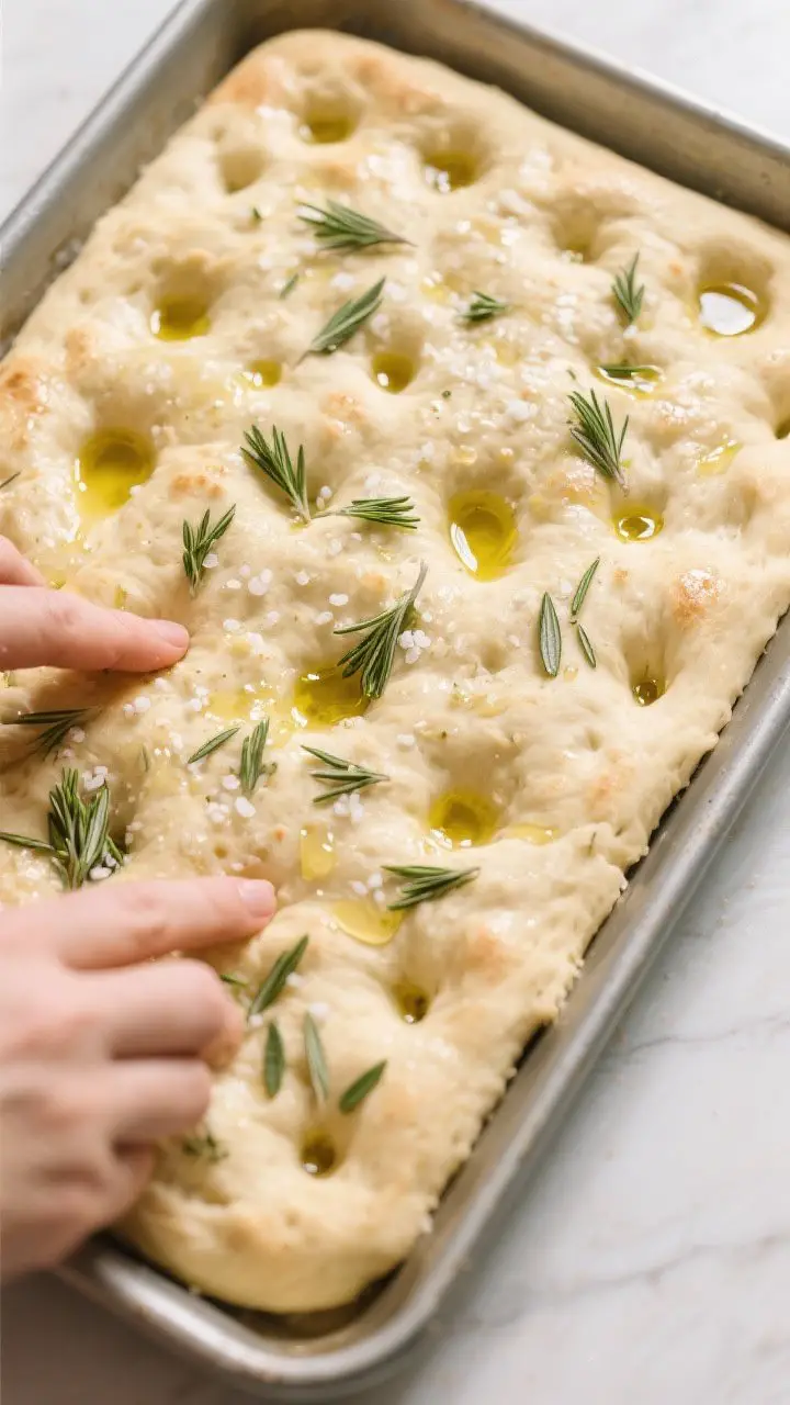 Cooking process: Overhead shot of focaccia dough in a generously oiled 9x13 metal pan right before b