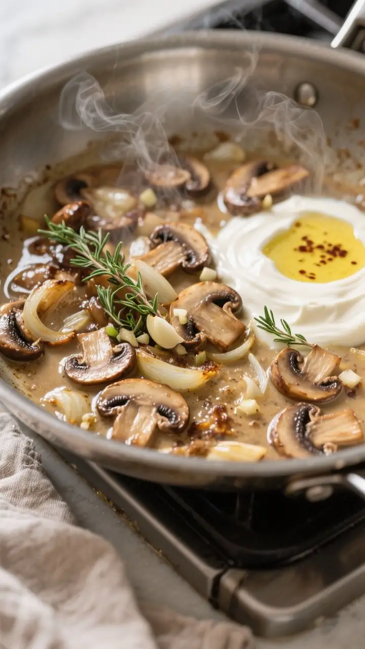 Cooking process: Overhead shot of mushrooms and shallots sizzling in a stainless skillet right after