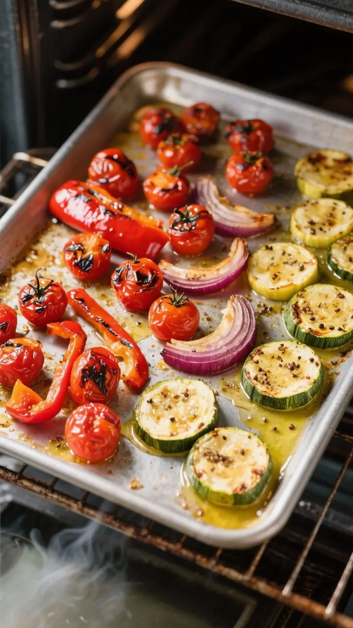 Cooking process: Overhead shot of roasted veggie sheet pan pulled from a 450°F oven—blistered che