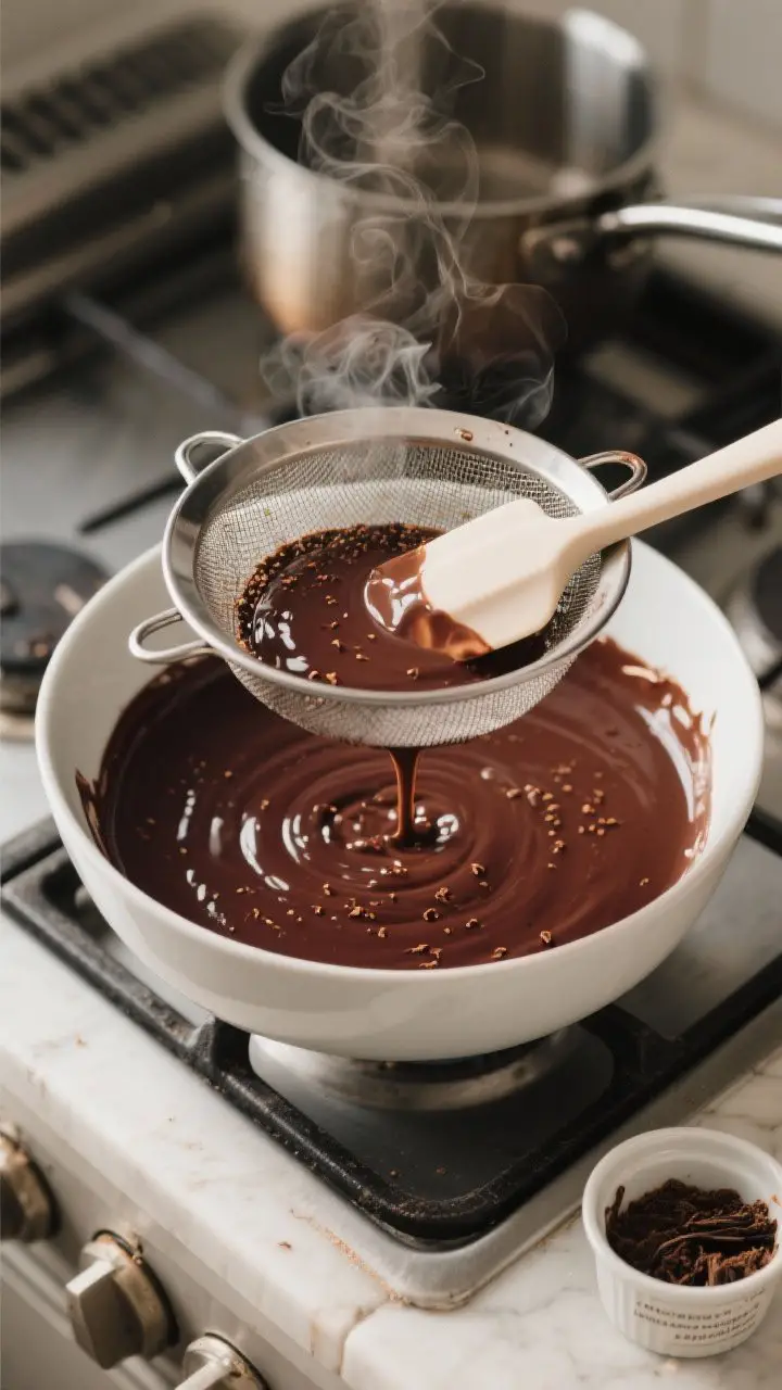 Cooking process: Overhead shot of the finished gelato base being strained into a clean bowl—deep m