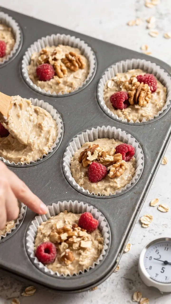 Cooking process: Overhead shot of the hydrated oat batter being portioned into a parchment-lined muf