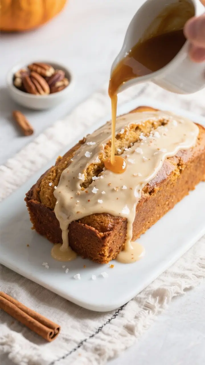 Cooking process: Overhead shot of the maple glaze being poured in a slow ribbon over a fully cooled