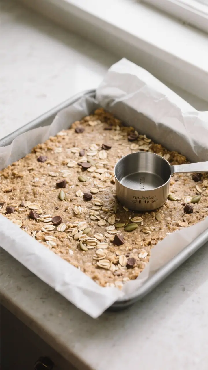 Cooking process: Overhead shot of the pressed mixture in an 8x8-inch pan lined with parchment, just 
