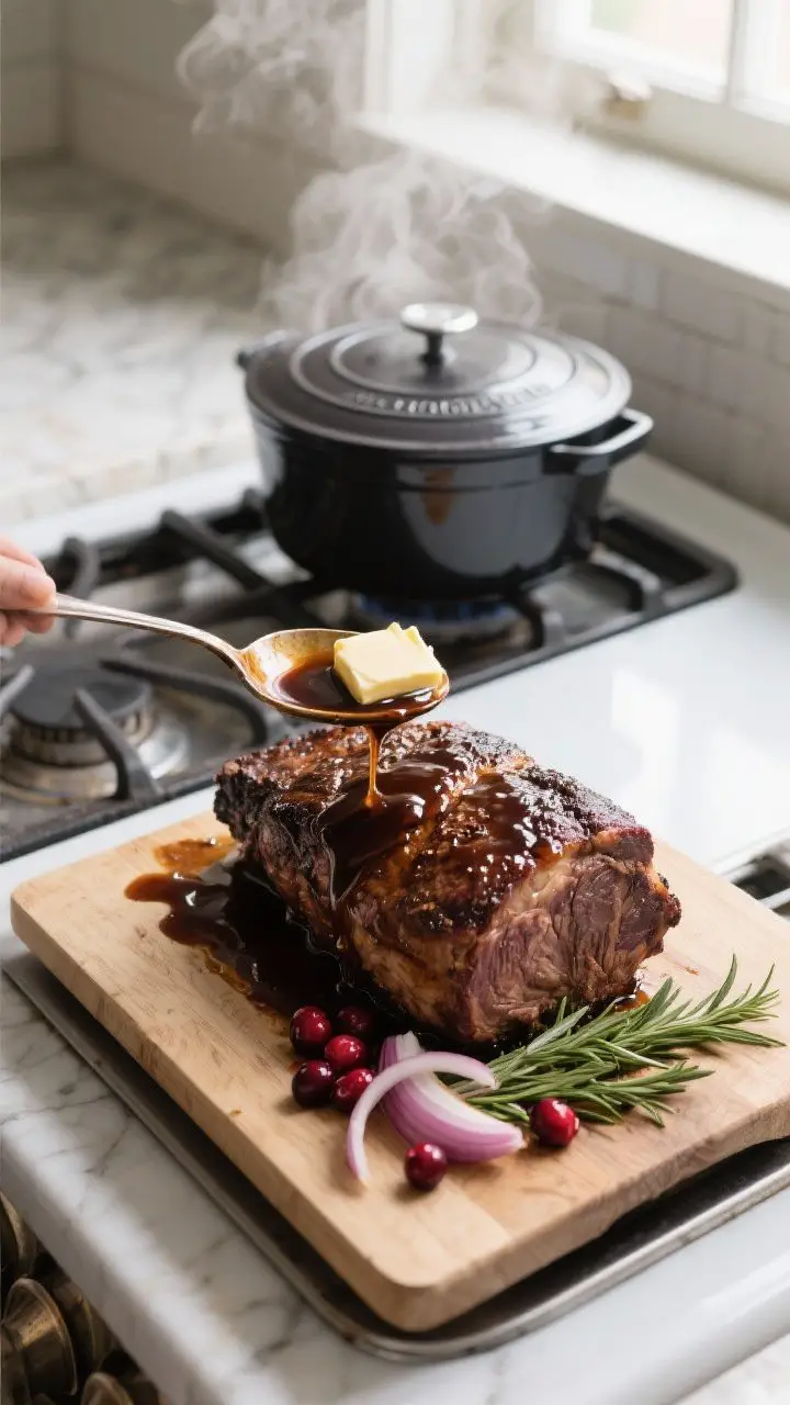 Cooking process: Overhead shot of the roast resting on a board, the Dutch oven beside it on the stov