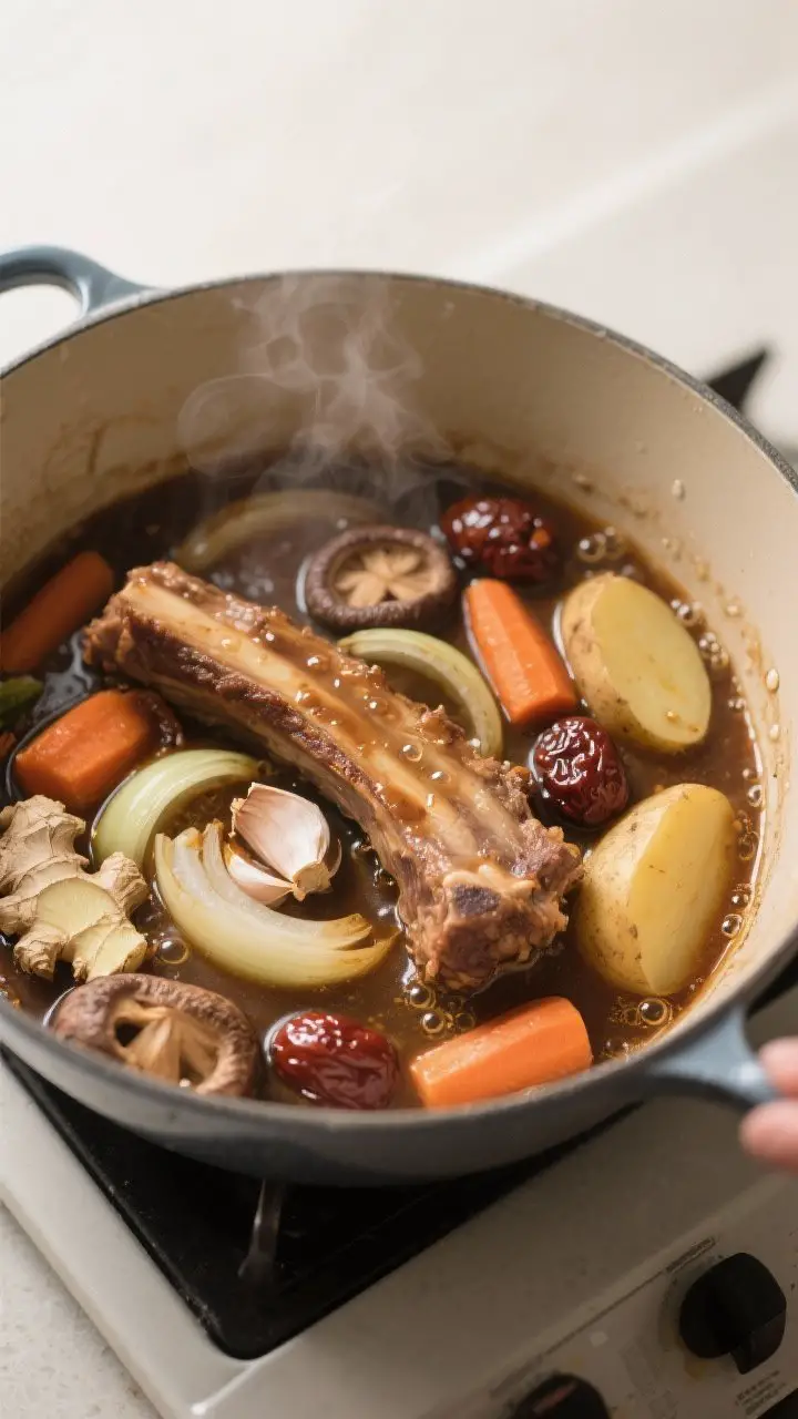 Cooking process: Overhead shot of the stew mid-braise in a wide, shallow Dutch oven—ribs simmering