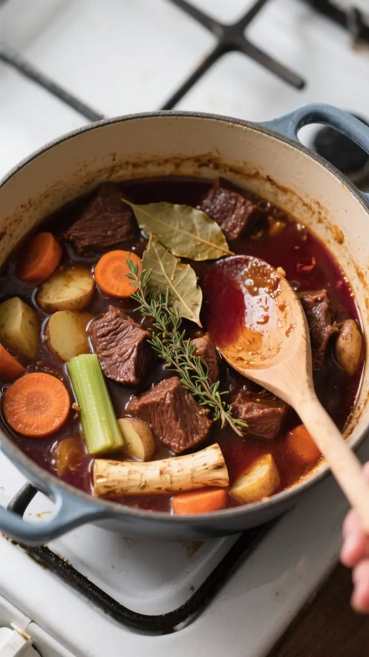 Cooking process: Overhead shot of the stew mid-simmer in a heavy Dutch oven after deglazing, showing