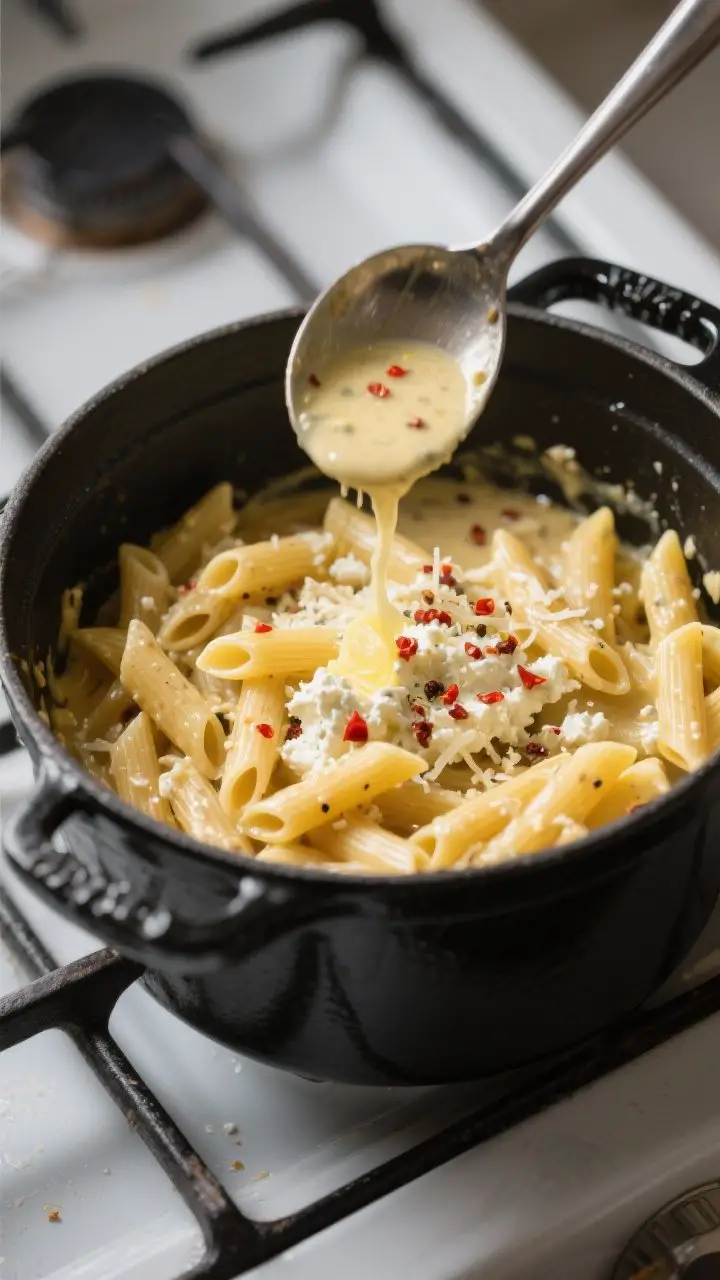 Cooking process: Pasta and sauce marrying in the pot—al dente penne being tossed over low heat as 