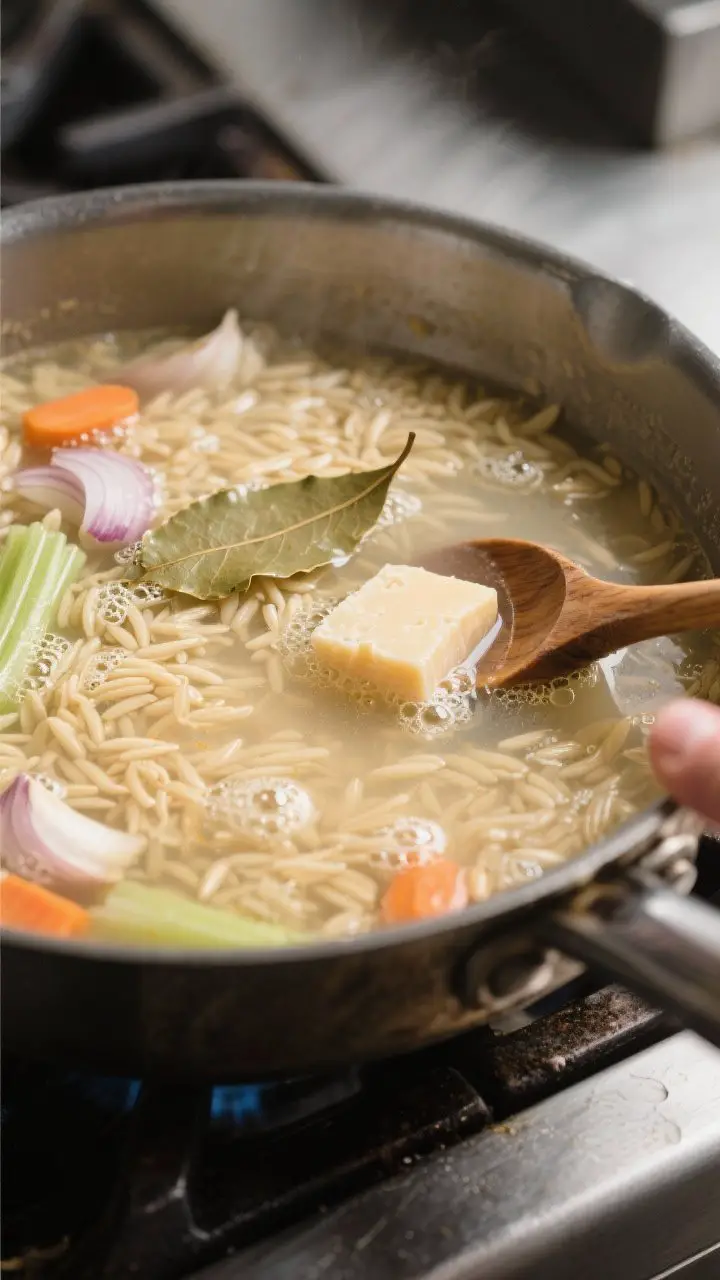 Cooking process: Professional kitchen scene of the orzo simmering in clear chicken broth with a bay