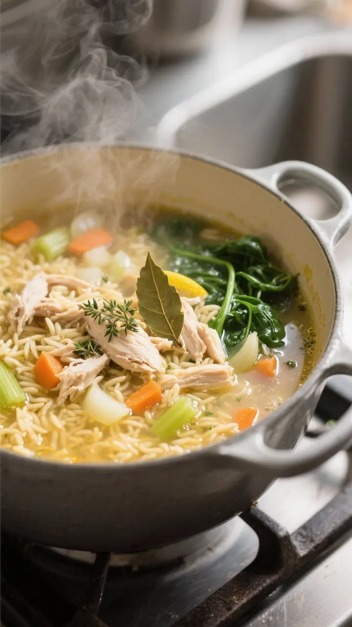 Cooking process — Sauté and simmer stage: A steaming Dutch oven of lemon chicken orzo soup mid-co