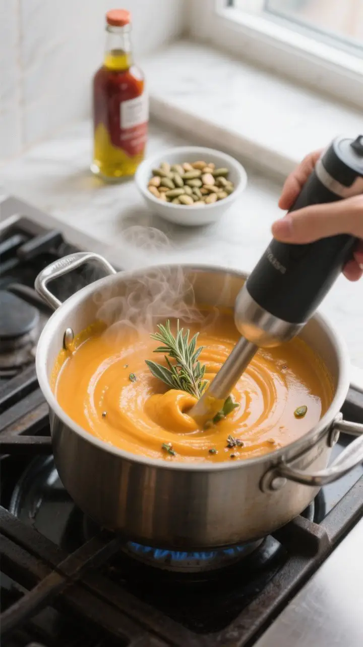 Cooking process scene: Silky roasted pumpkin soup being blended in a pot with an immersion blender;