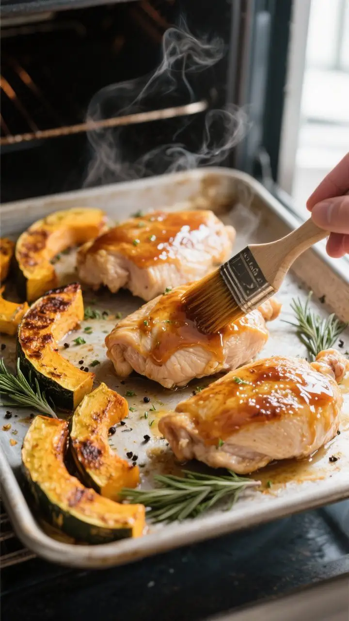 Cooking process: Sheet pan just pulled from a 425°F oven mid-cook, chicken skin-side up being brush