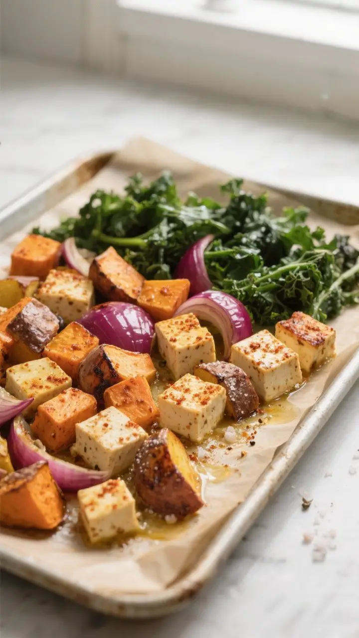 Cooking process — sheet-pan roast: Golden, caramelized sweet potato cubes and crispy cornstarch-du