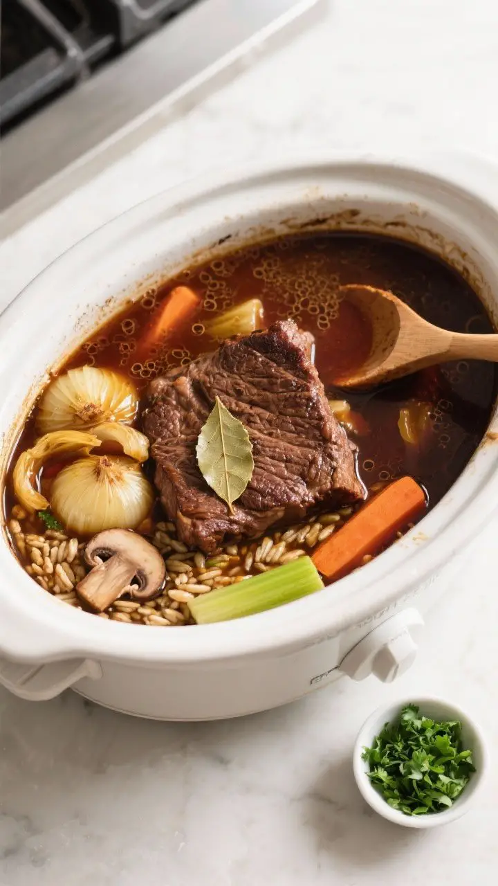 Cooking process shot: Overhead view of a slow cooker mid-cook, showing a richly browned seared beef 