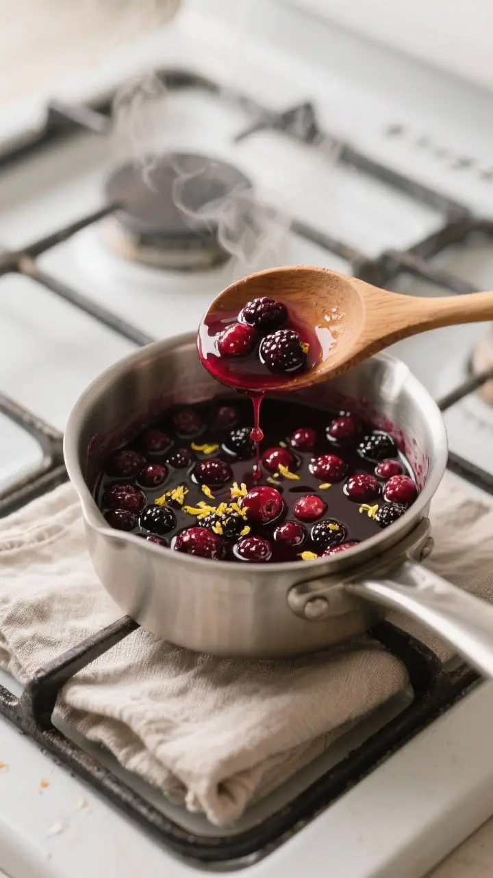 Cooking process shot: Overhead view of the berry sauce finishing on the stovetop in a small stainles