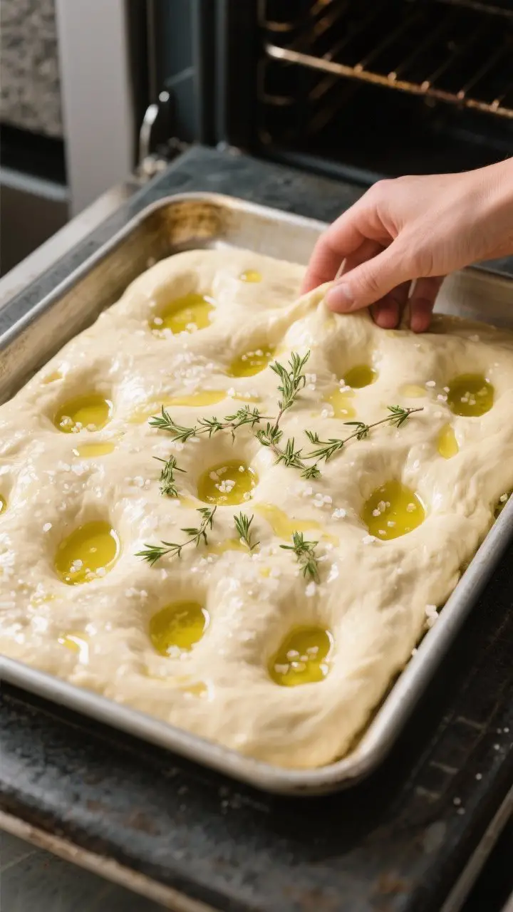 Cooking process shot: Overhead view of the oiled dough being dimpled in the pan right before baking,