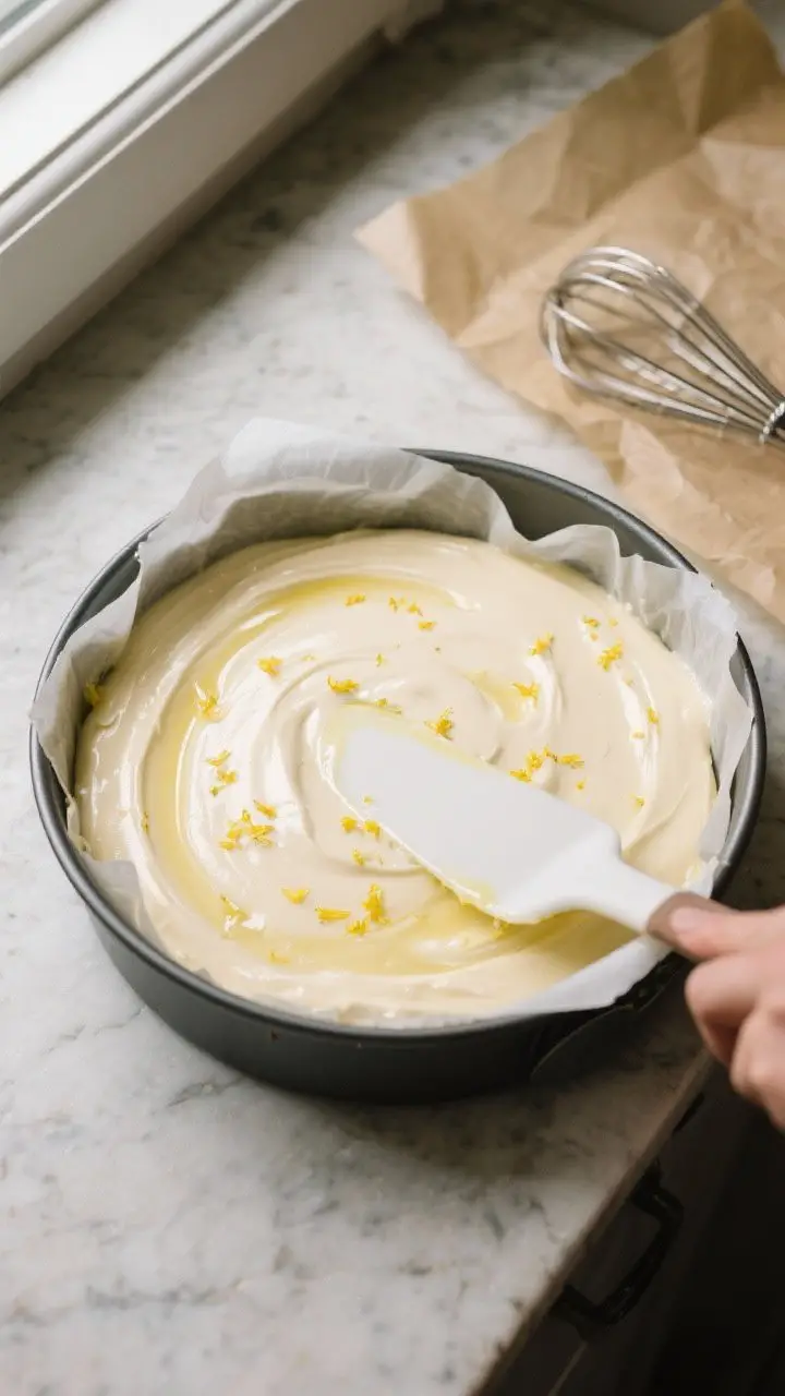 Cooking process shot: Overhead view of the silky, thick batter being poured into a parchment-lined 9