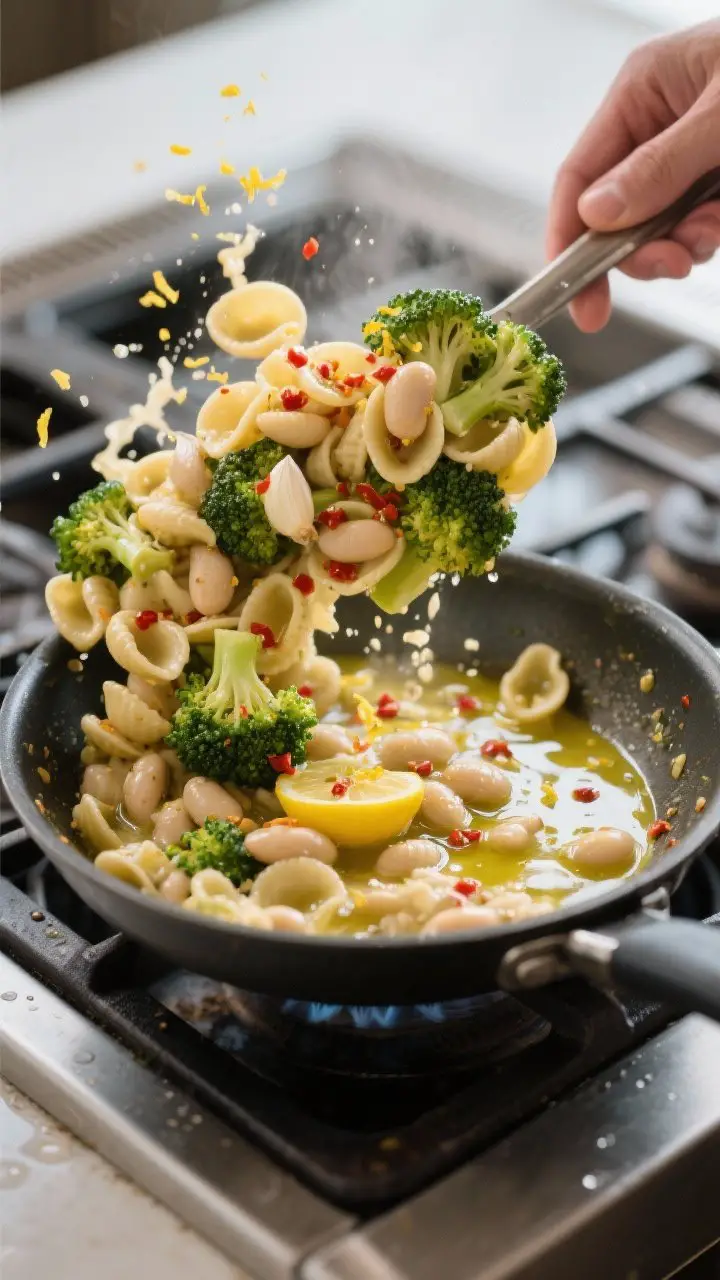 Cooking process: Skillet shot mid-toss as the sauce emulsifies—garlic and red pepper flakes shimme