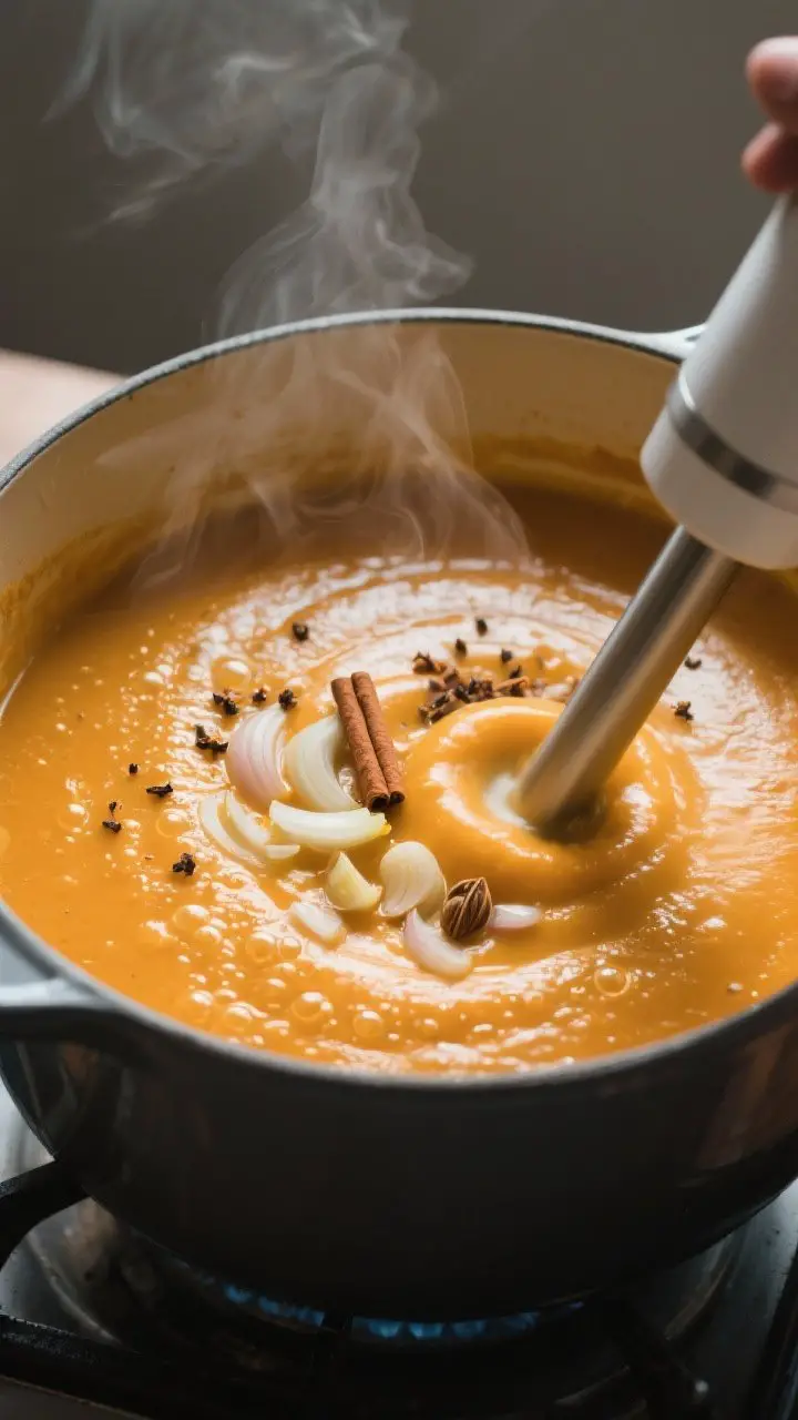 Cooking process, stovetop action: A large pot of simmering sweet pumpkin soup mid-cook, showing a ve