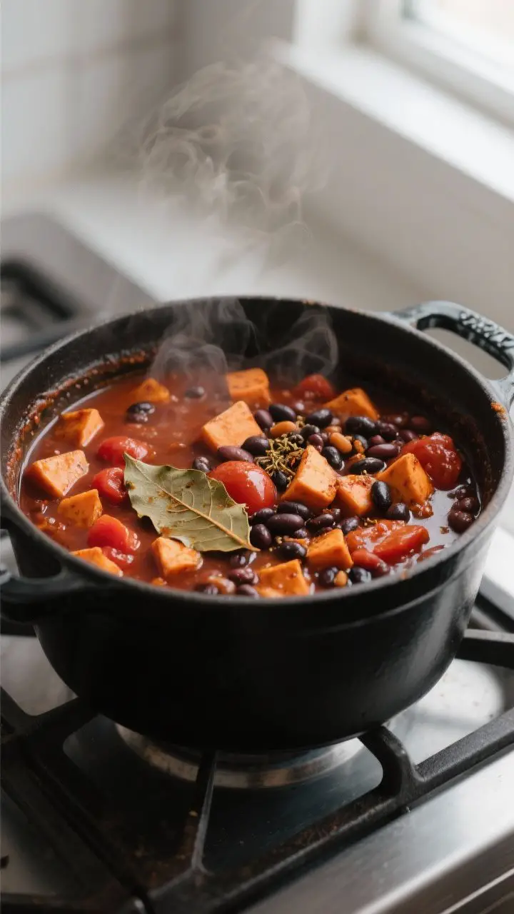 Cooking process, stovetop: Thick three-bean vegan chili simmering in a matte black Dutch oven, sweet
