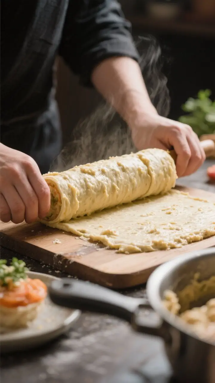 Cooking process: The mixture being rolled into uniform 1–