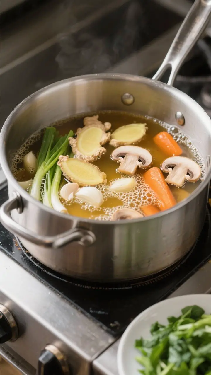 Cooking process: The simmer stage captured in-pot—ginger slices, thin garlic, and scallion whites