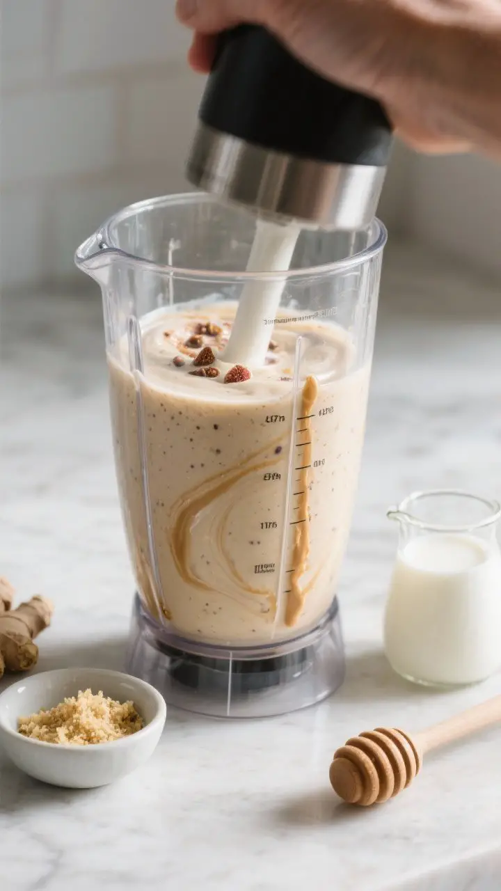 Cooking process: The smoothie mid-blend in a high-speed blender jar, already fully combined and glos