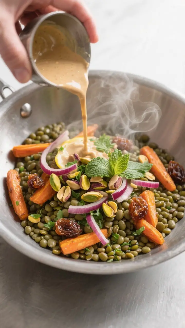 Cooking process: Warm French green lentils being tossed with roasted carrots in a wide stainless bow