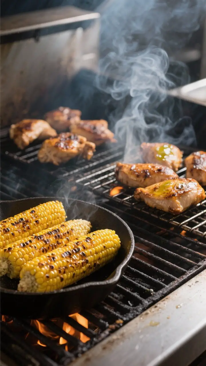 Cooking process: Whole ears of corn on a medium-high grill, kernels lightly blistered and caramelize