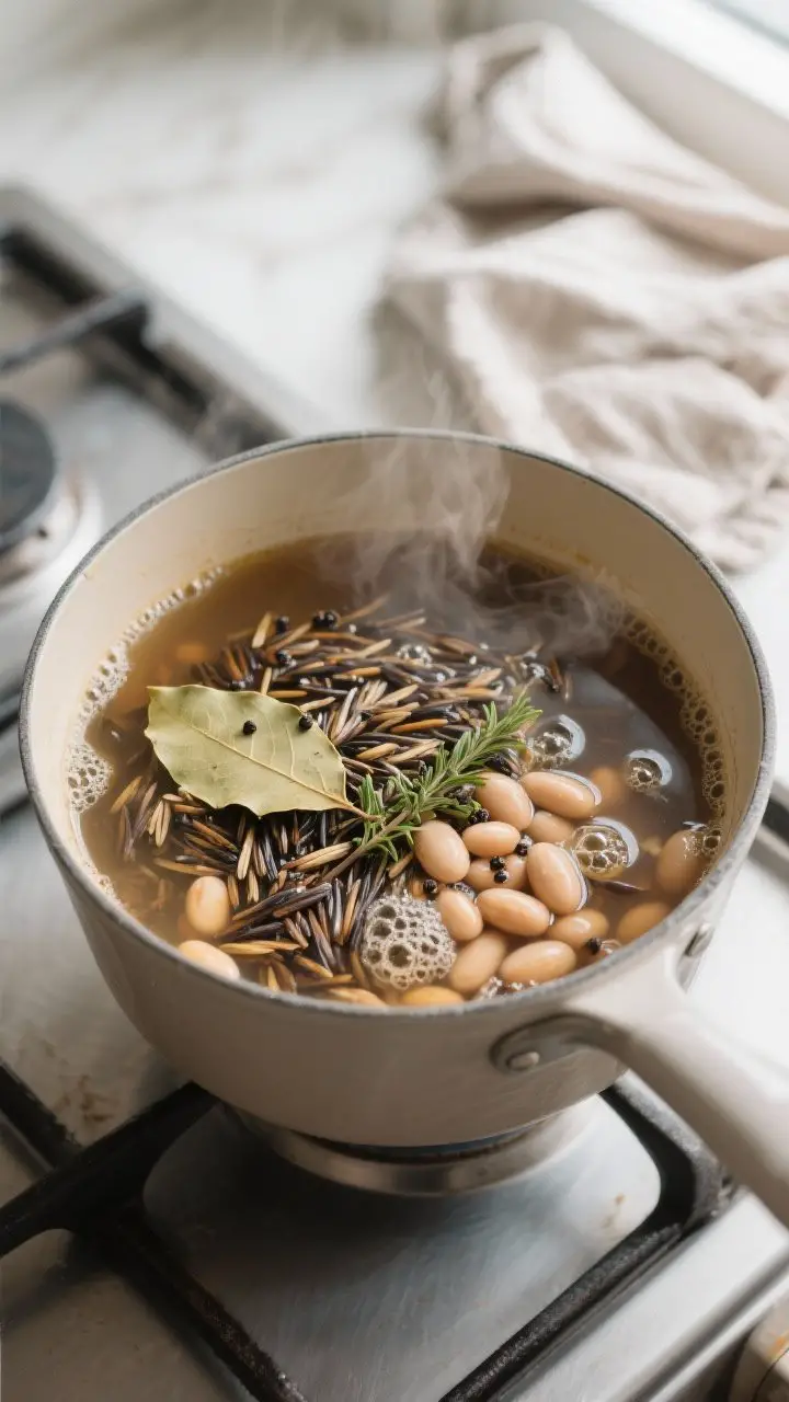 Cooking process: Wild rice and broth simmering stage of the soup, overhead shot of the partially cov