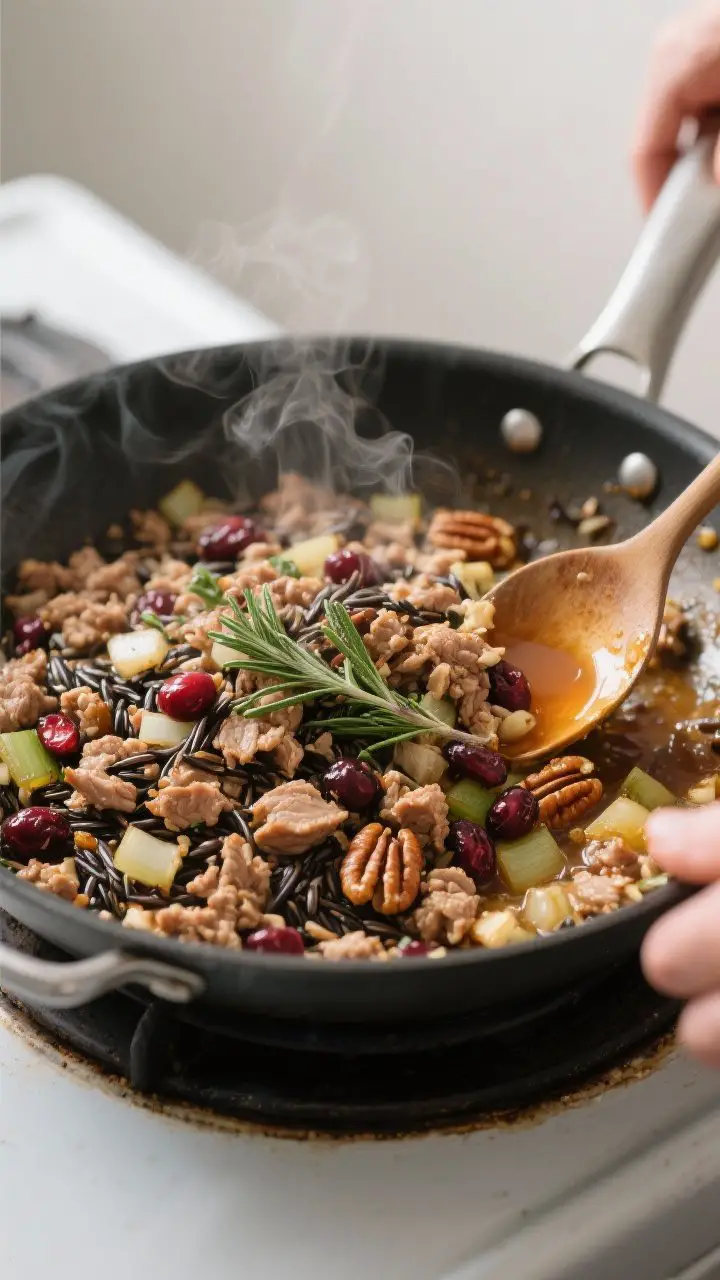 Cooking process: Wild rice, herby ground turkey, and sautéed mirepoix being combined in a large ski