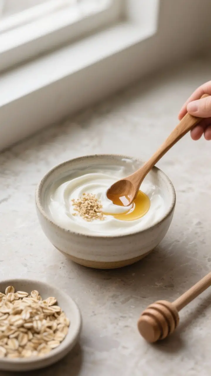 Detail/process shot: Overhead close-up of a small ceramic bowl with a creamy homemade mask being mix
