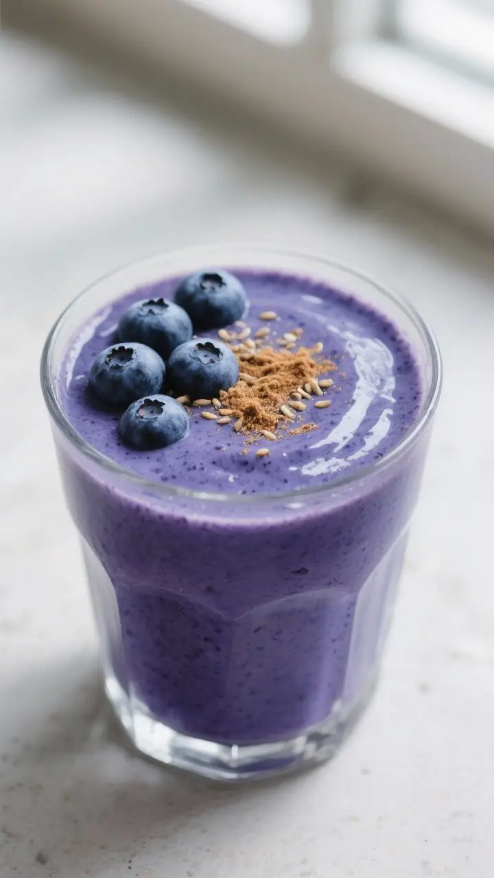 Detail shot: Close-up of a blueberry smoothie in a clear glass, deep purple-blue hue with a silky, t